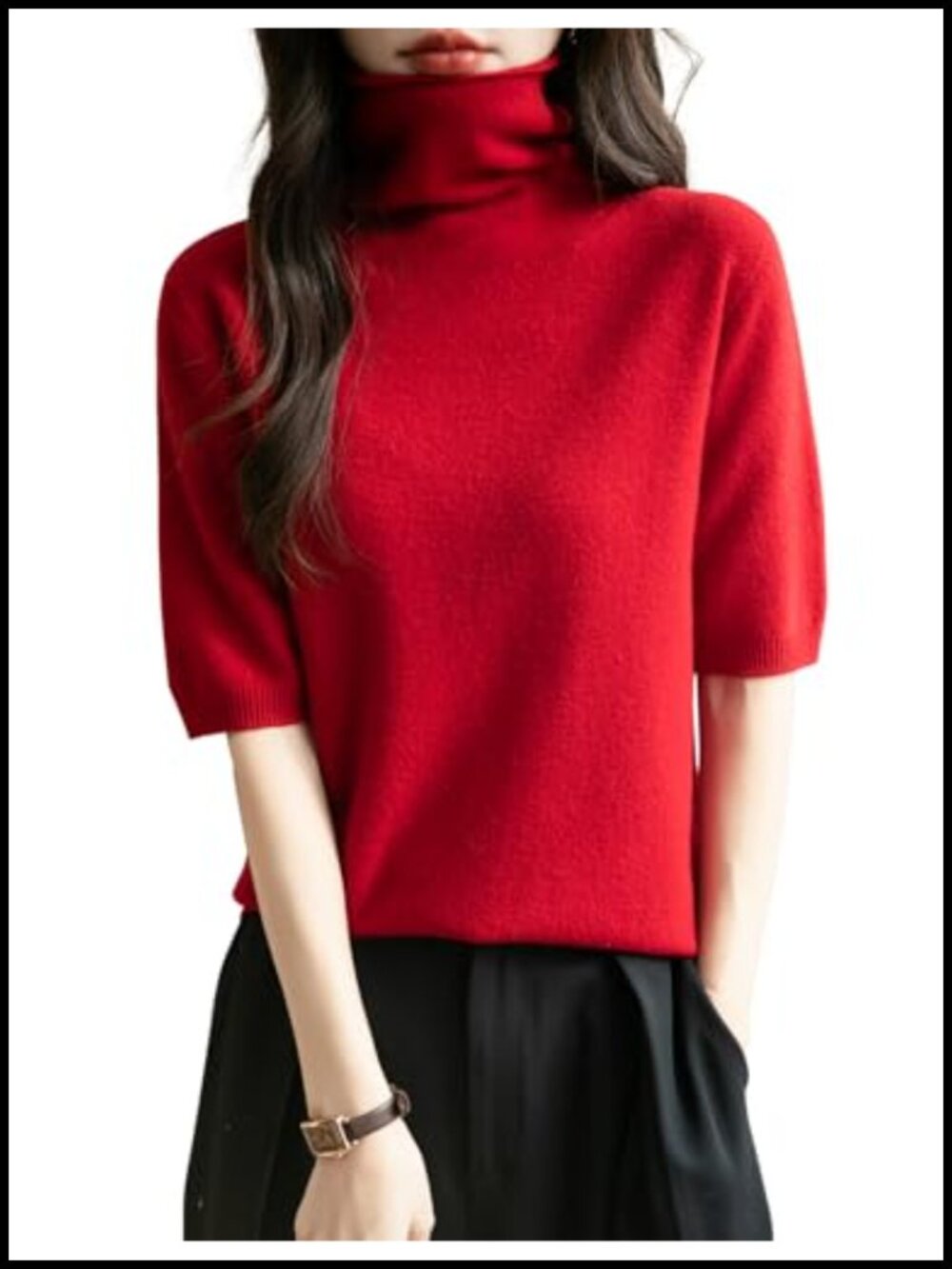 100% Merino Wool Turtleneck Short Sleeve Seamless Knit Pullover Sweater